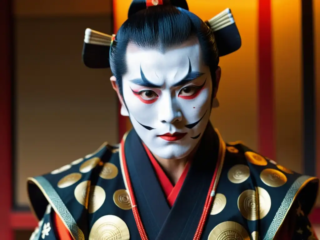 Un intenso actor de Kabuki con traje samurái captura la mística y símbolos del teatro Kabuki