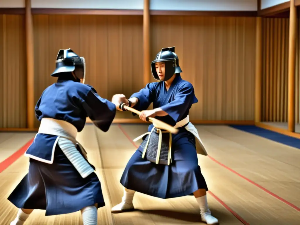 Intenso combate de kendo en un dojo, reflejando el entrenamiento samurái en el siglo XXI