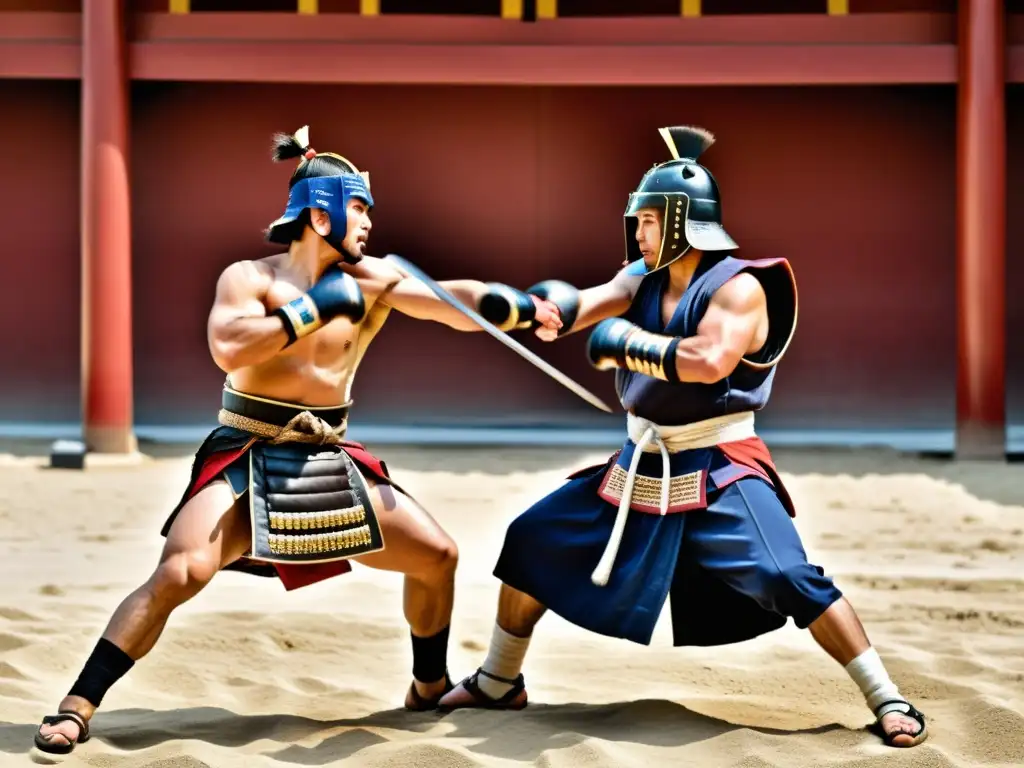 Intenso combate entre samurái y atleta griego, con paisaje de cerezos y columnas griegas