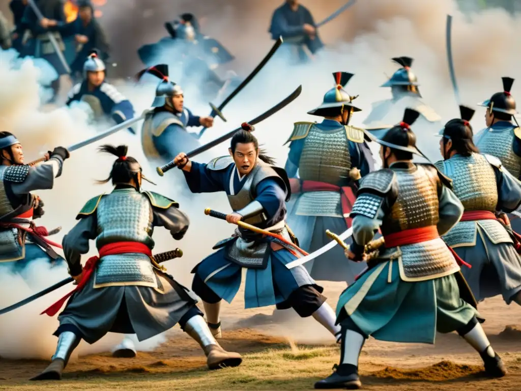 Batalla épica de samurais: Minamoto vs Intenso combate de samuráis Minamoto contra la rebelión Seiwa Genji, con humo y caos de guerra