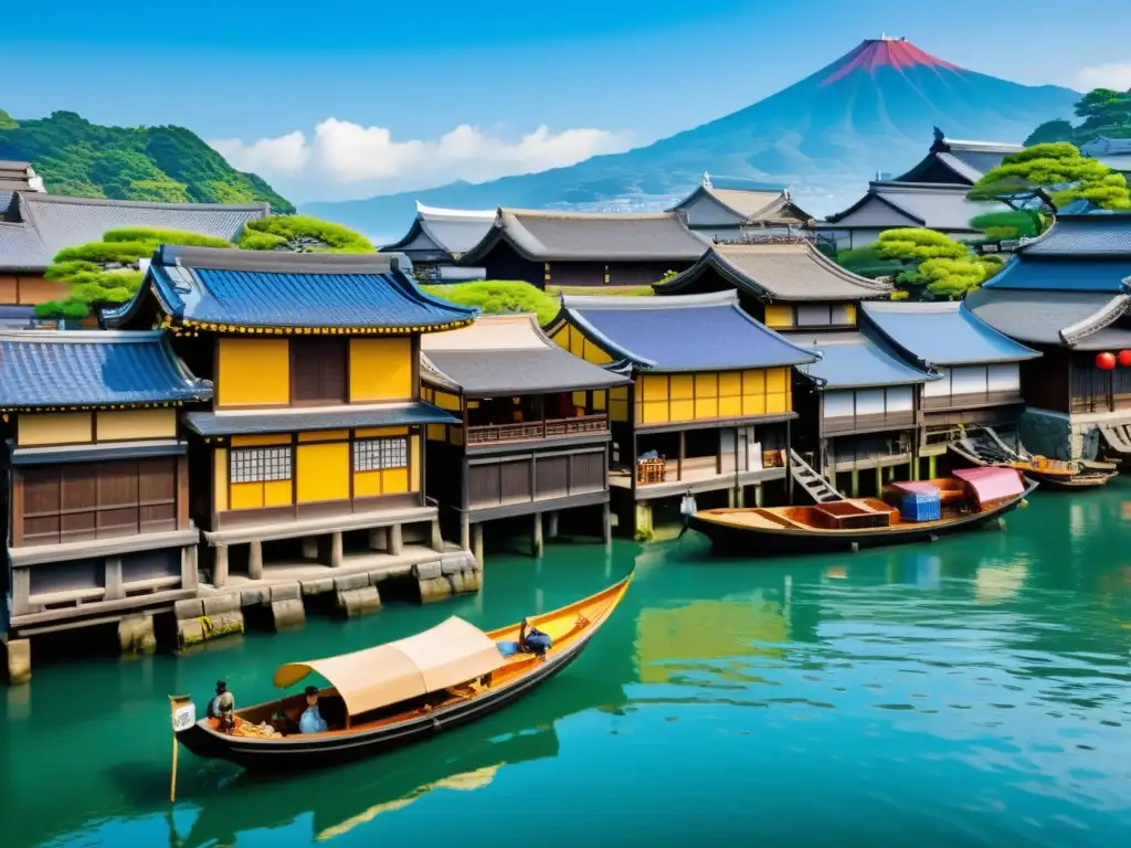 Intenso comercio internacional en el puerto japonés del siglo XVI, con barcos, mercaderes y actividad bulliciosa a lo largo del agua