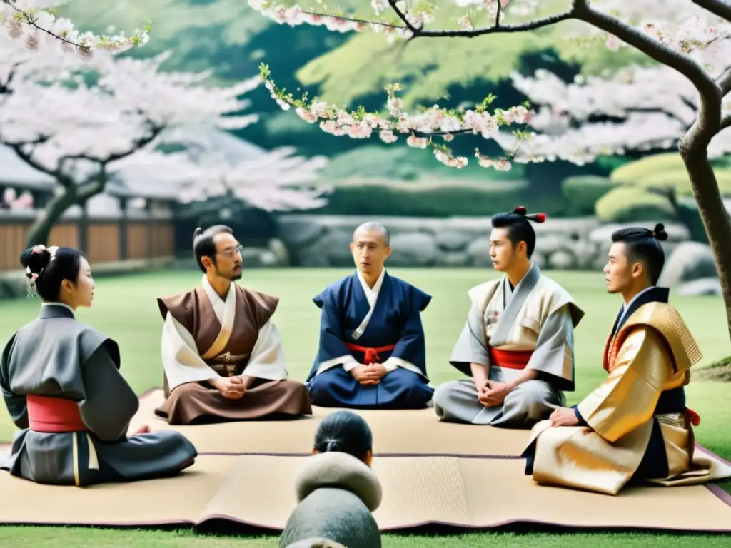 Intenso debate entre jesuitas y samuráis en jardín japonés con legado escrito jesuitas casta samurai