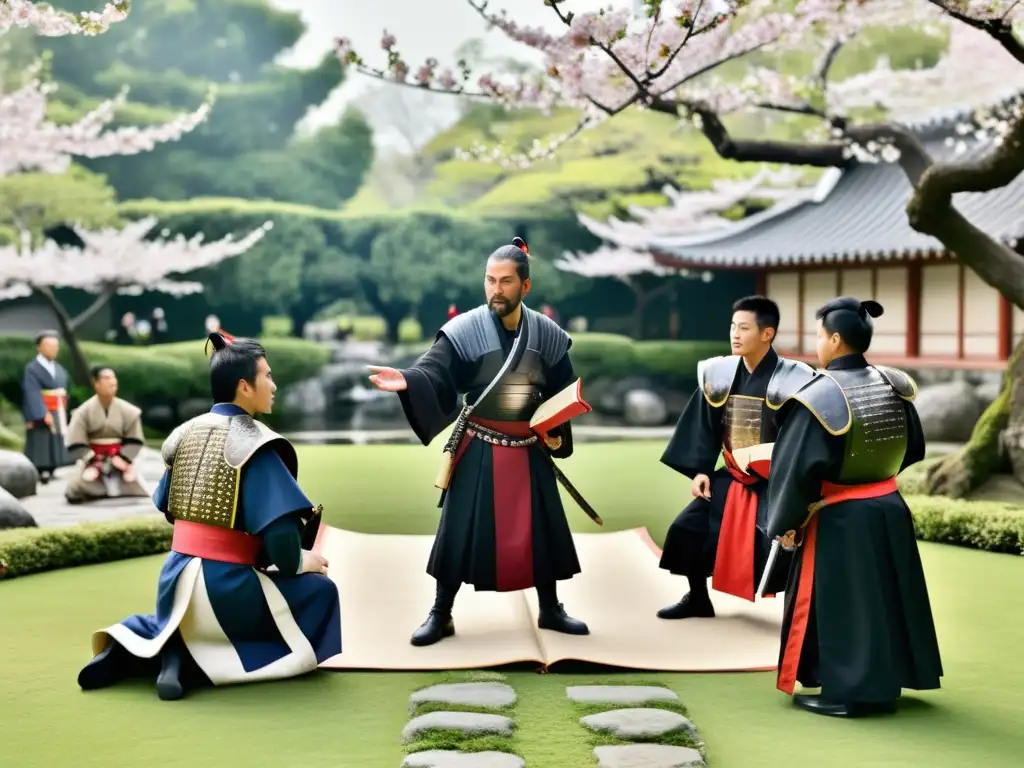 Un intenso debate entre samuráis y misioneros jesuitas en un jardín japonés, capturando la compleja relación cultural