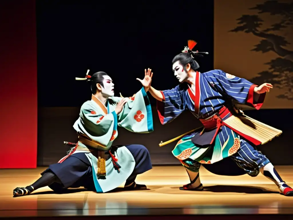 Intenso drama y estética samurai en dramaturgia Kabuki, con vibrantes colores y movimiento dinámico