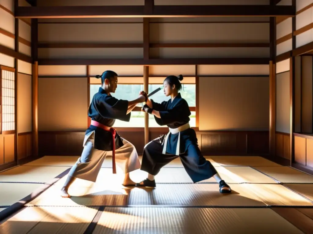 Intenso entrenamiento de espada en dojo japonés