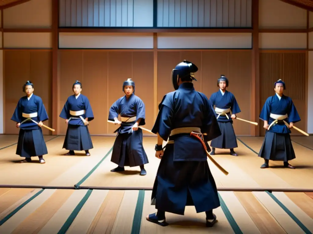 Un intenso entrenamiento de kendo contemporáneo siglo XXI en un dojo iluminado por el sol