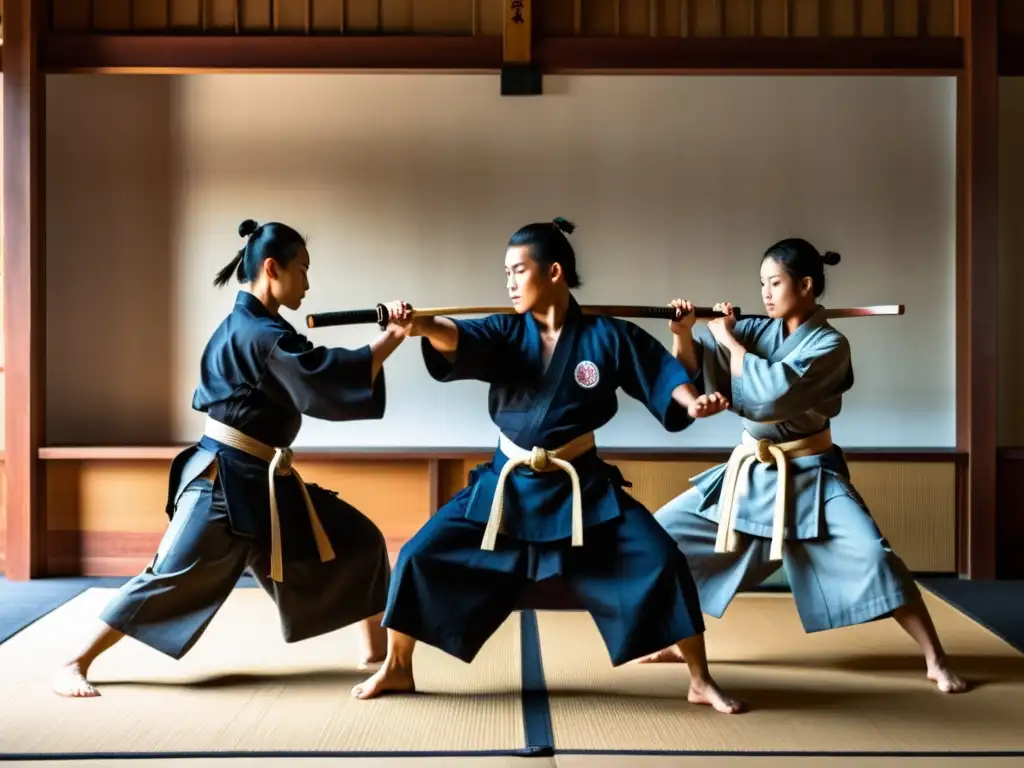 Intenso entrenamiento de técnicas de combate Naginatajutsu tradicional en un dojo japonés, con practicantes concentrados y disciplinados