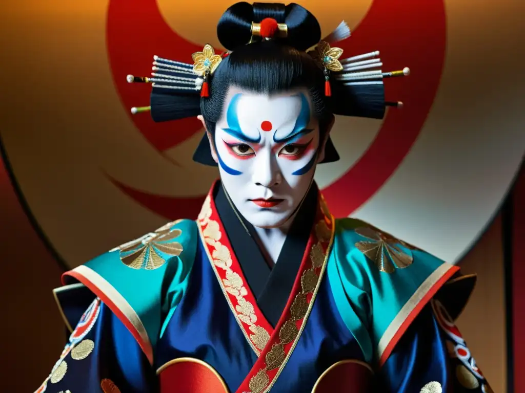 Un intenso retrato de un intérprete del Kabuki moderno, vestido de samurái con una expresión dramática