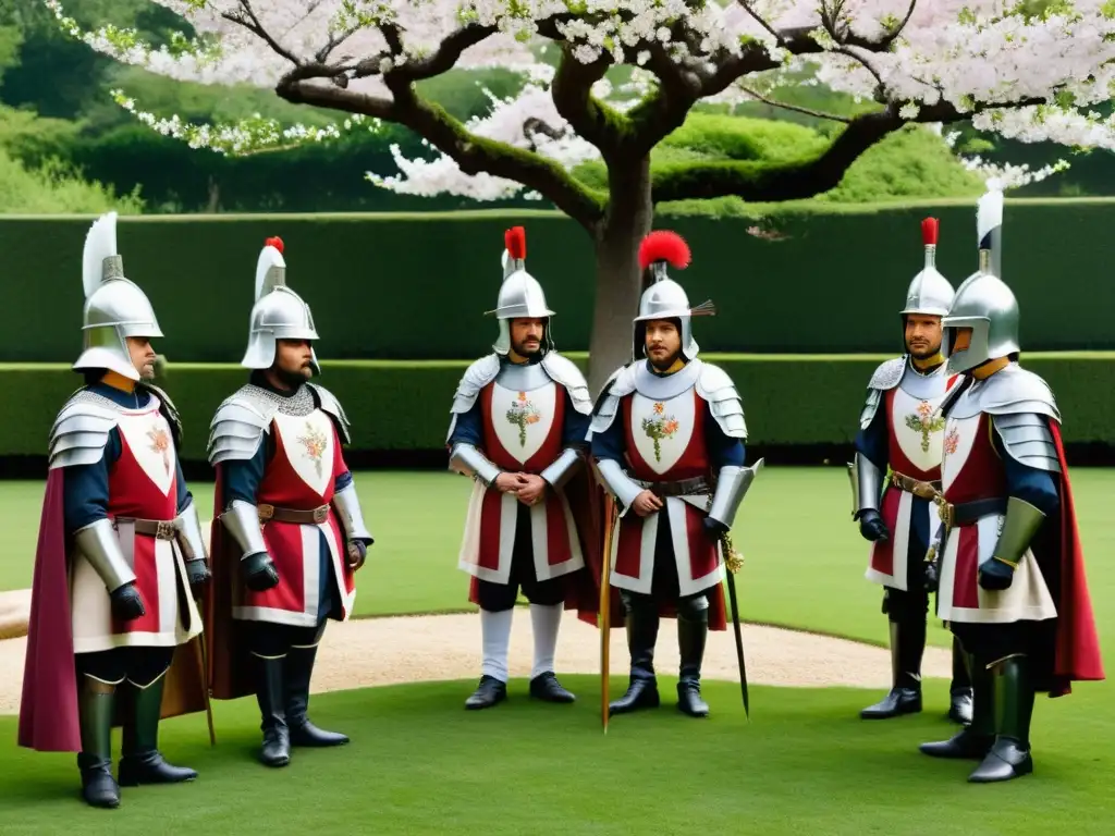 Un intercambio ceremonial entre samuráis y caballeros en un exuberante jardín, destacando el paralelismo entre código Bushido y virtudes europeas