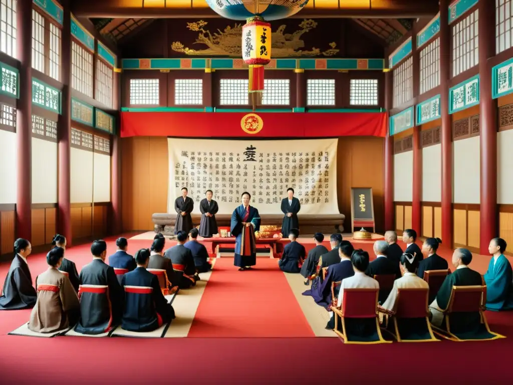 Intercambio cultural entre Corea y China durante la era samurái, con diplomáticos y eruditos debatiendo rodeados de arte y documentos históricos