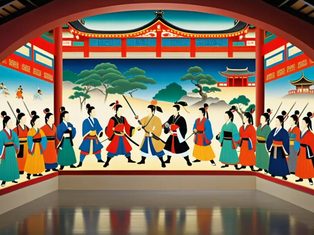 Mural vibrante: intercambio cultural entre la dinastía Tang y los samuráis Intercambio cultural entre Samuráis y la Dinastía Tang: vibrante mural que fusiona estilos artísticos chino y japonés