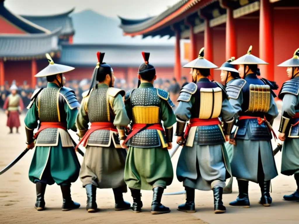 Encuentro amistoso entre samuráis y soldados de la dinastía Tang Un intercambio cultural entre Samuráis y la Dinastía Tang, con samuráis y soldados Tang mostrando sus armaduras y armas en un animado mercado