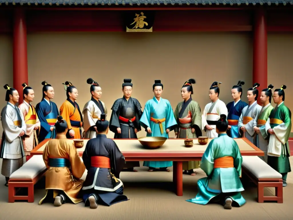 Encuentro diplomático entre samuráis y la Dinastía Tang Intercambio cultural entre samuráis y la Dinastía Tang en una reunión diplomática, con intercambio de seda y armas en un jardín sereno