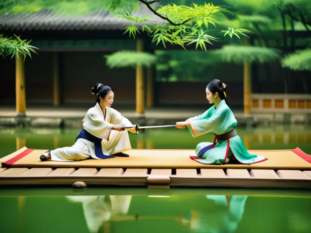 Intercambio cultural: samuráis y eruditos de la dinastía Tang Intercambio cultural entre Samuráis y la Dinastía Tang, con demostraciones de espada y caligrafía en un jardín de bambú sereno