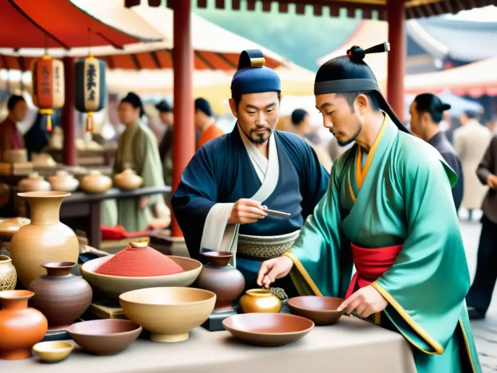 Intercambio cultural: Mercader chino y samurái japonés en la dinastía Tang Intercambio cultural entre Samuráis y la Dinastía Tang en bullicioso mercado, con sedas, cerámica y espadas finamente elaboradas en exhibición