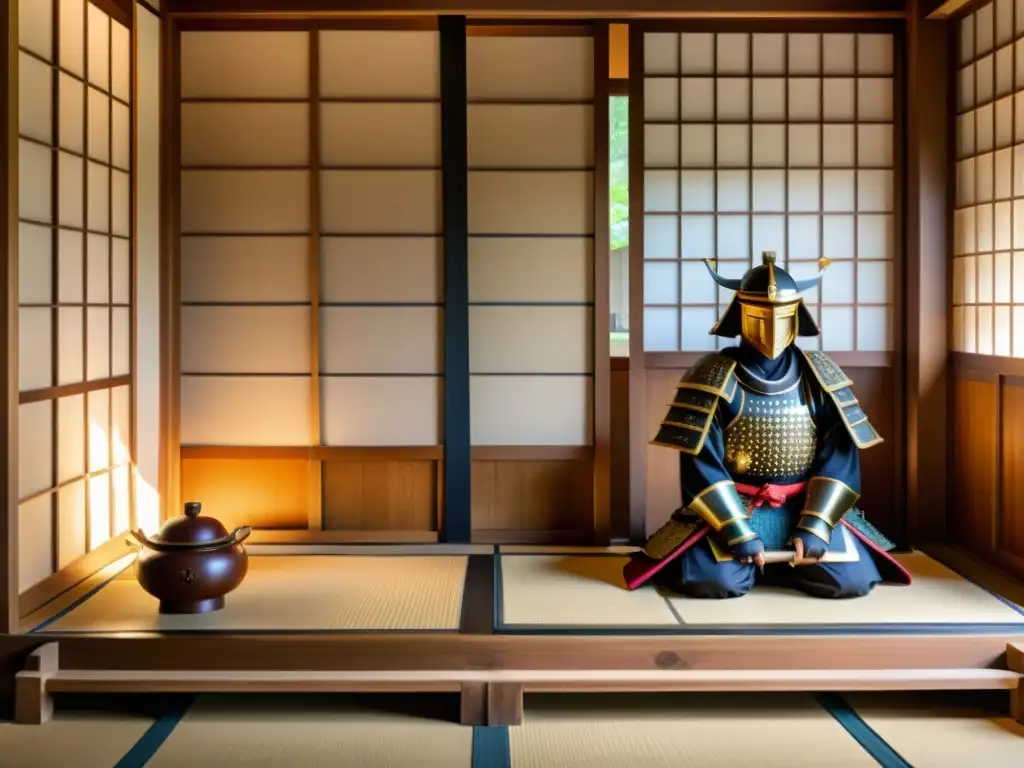 Interior de casa de té japonés con accesorios samurai para decoración y puertas de papel shoji