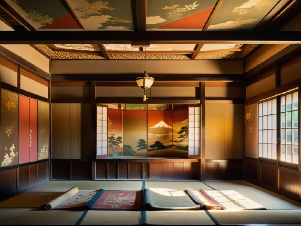 Interior decadente de un palacio japonés, simbolizando la decadencia del Shogunato Tokugawa