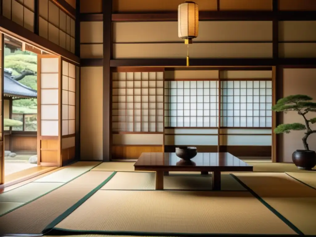 Interior impresionante del palacio de un shogun japonés, con arquitectura de madera, puertas corredizas y elementos decorativos