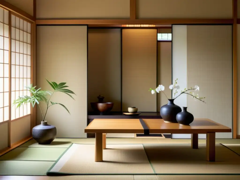 Interior japonés con tatami, puertas shoji y decoración hogar estilo samurái, crea atmósfera serena y equilibrada