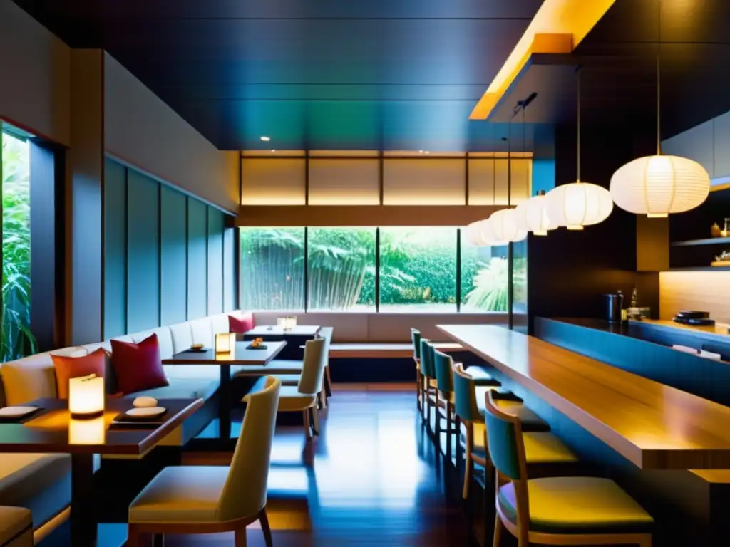 Interior de restaurante japonés moderno con elementos tradicionales y ambiente sereno