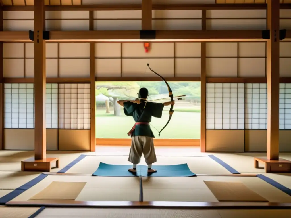 Interior sereno de un dojo de arquería japonesa con influencia del Kyudo en Artes Marciales, arqueros concentrados y sensei demostrando perfecta forma