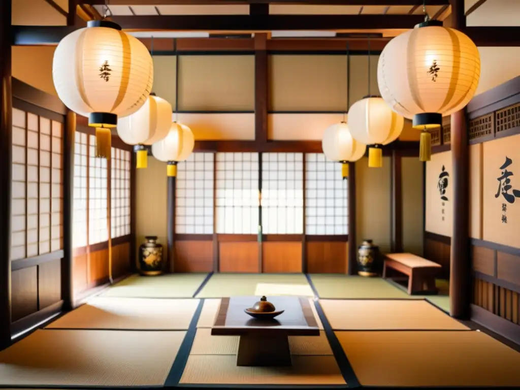 Interior del templo japonés con detalles de madera, linternas y armaduras samurái