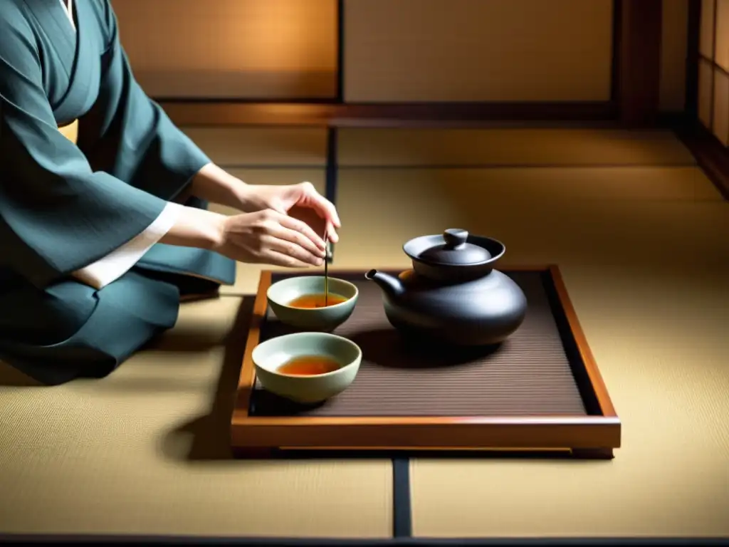 Una íntima ceremonia del té japonés en una serena habitación tatami