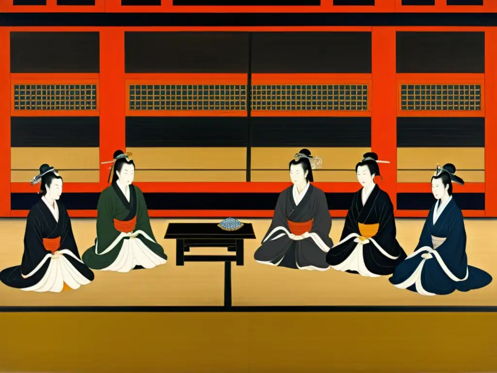 Intrigas y batallas en Hōgen Court: Pintura detallada de la corte imperial durante el período Hōgen, con nobles y samuráis en intensas discusiones y reuniones clandestinas