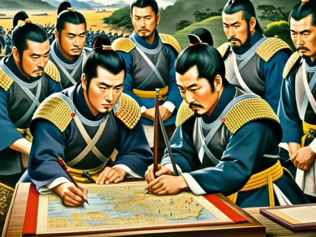 Ishida Mitsunari y sus consejeros planean estrategias antes de la Batalla de Sekigahara, creando una atmósfera de tensión y anticipación