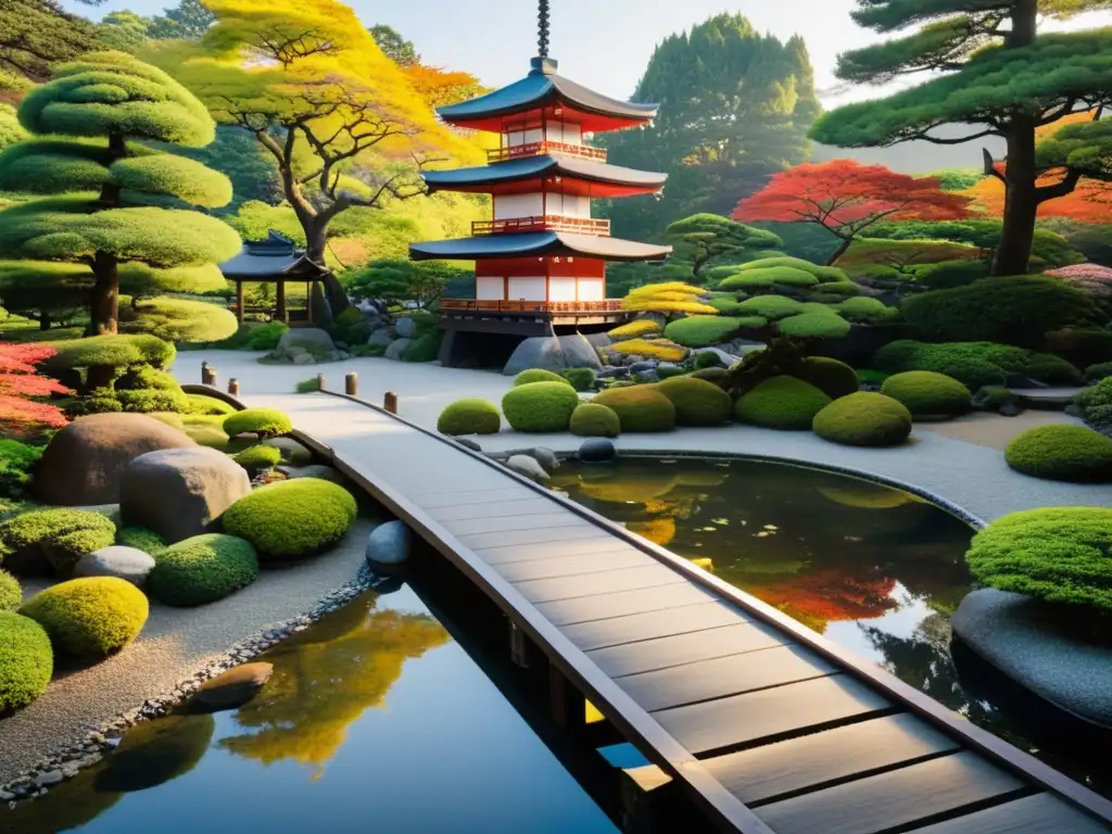 Jardín japonés antiguo con paisaje sereno y armonioso, reflejando la influencia del Zen en el Bushido