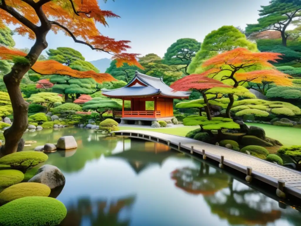 Un jardín japonés antiguo y sereno con un estanque tranquilo y un templo de té, reflejando la huella confuciana en el código samurái