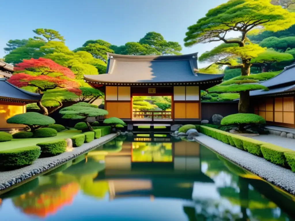 Jardín japonés con árboles cuidados, estanque y residencia samurái