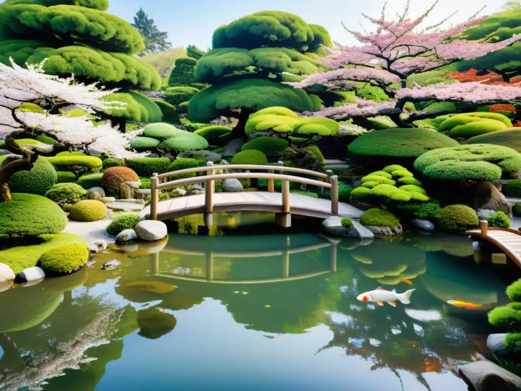 Jardín japonés con arquitectura de jardines samurái, naturaleza serena y koi nadando en el estanque