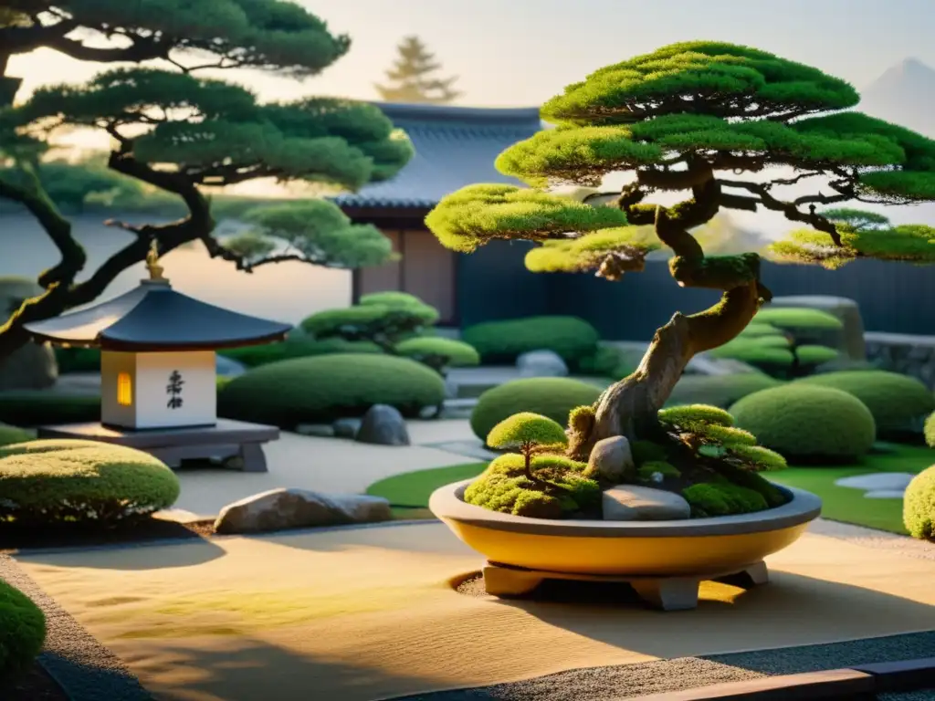 Jardín japonés al atardecer con bonsái y casa de té, evocando los legados de guerra samuráis modernos