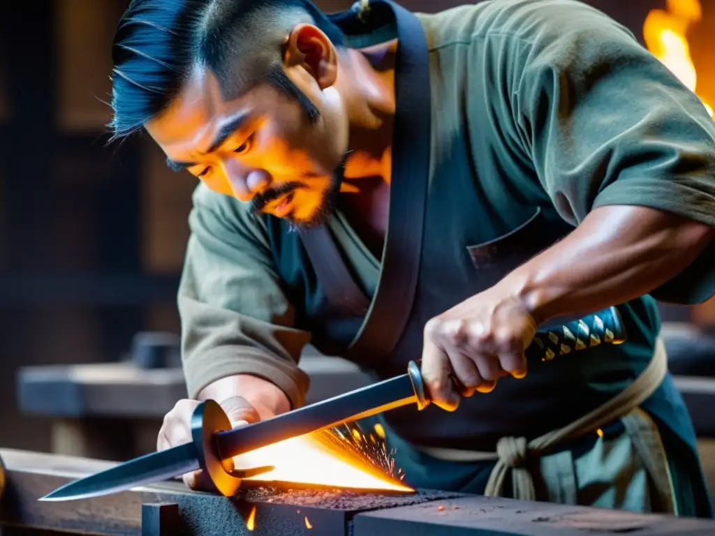 El hábil herrero japonés forja una auténtica katana, capturando el intenso calor y la exclusividad de los materiales