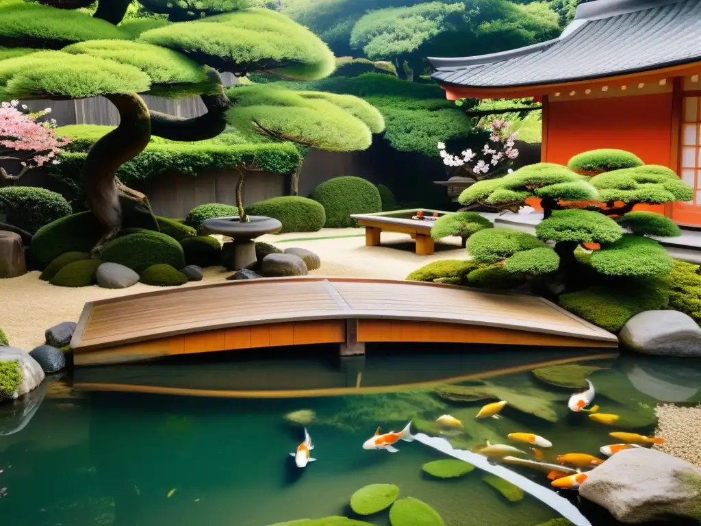 Jardín japonés con bonsáis, peces koi, linterna de piedra y la belleza efímera de los cerezos, capturando principios samuráis en jardines japoneses