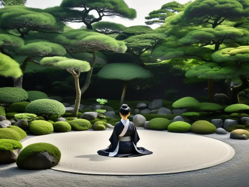 Jardín zen japonés en blanco y negro con figura meditando, reflejando la influencia del Budismo Zen en la cultura samurái