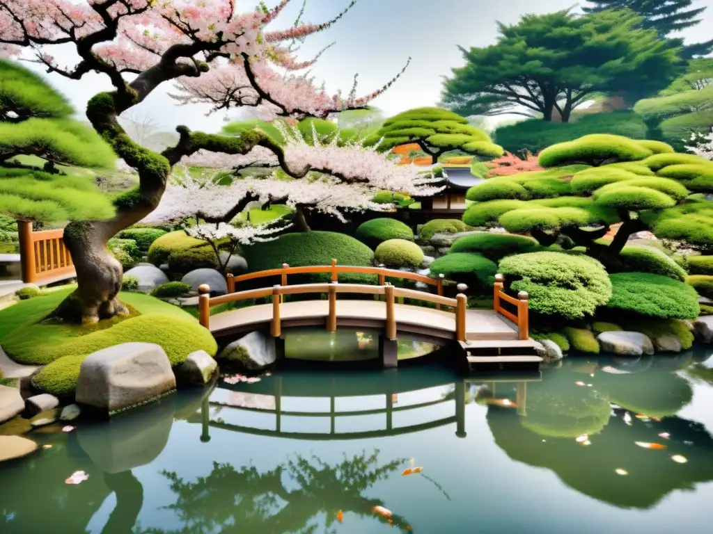 Un jardín japonés con bonsáis, estanque de peces koi y árboles de cerezo en flor