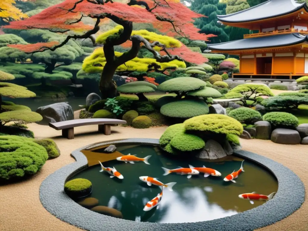 Jardín japonés con bonsáis, estanque de koi, pagoda y follaje otoñal