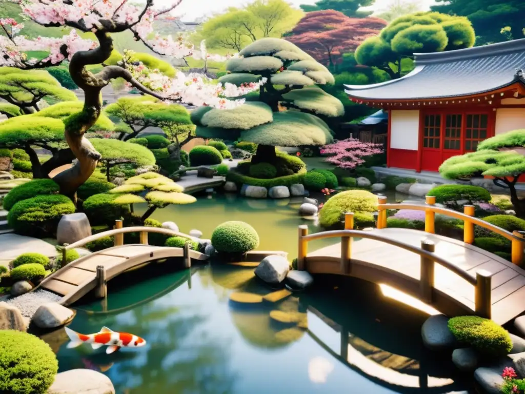 Jardín japonés con bonsáis, estanque de peces koi, puente de madera y árboles de cerezo en flor