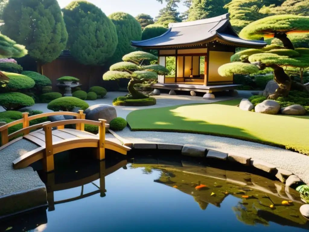 Un jardín japonés con bonsáis, estanque de kois, puente de madera, linterna de piedra y pagoda