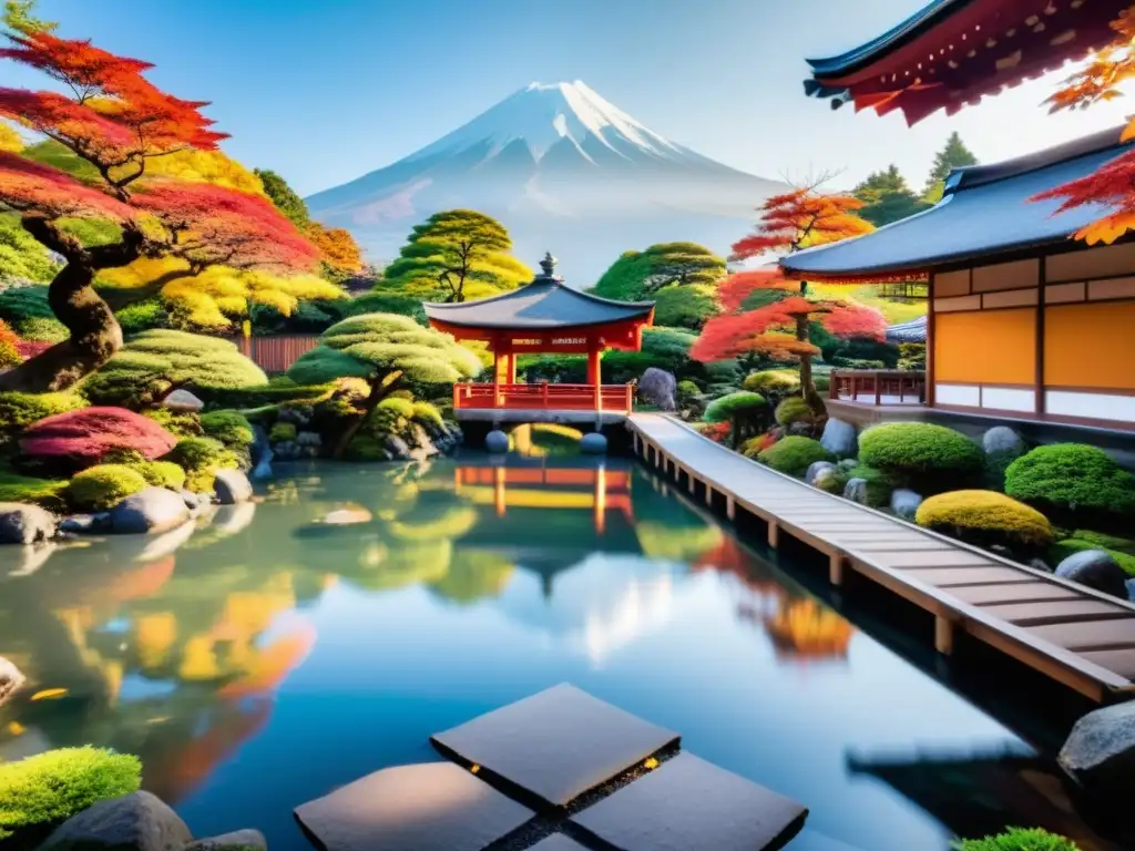 Un jardín japonés con bonsáis, estanque de koi, teahouse y monte Fuji al fondo, bañado por la luz del sol