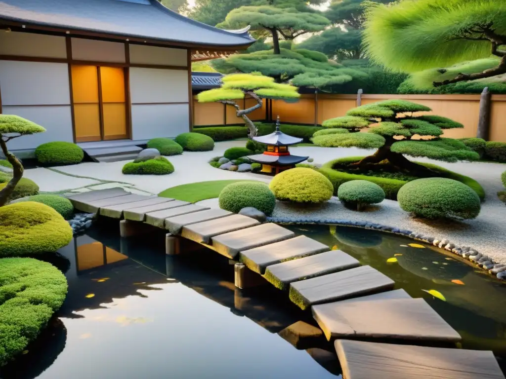Jardín japonés: belleza serena al atardecer Un jardín zen japonés con bonsáis, un estanque de koi y una pagoda al atardecer