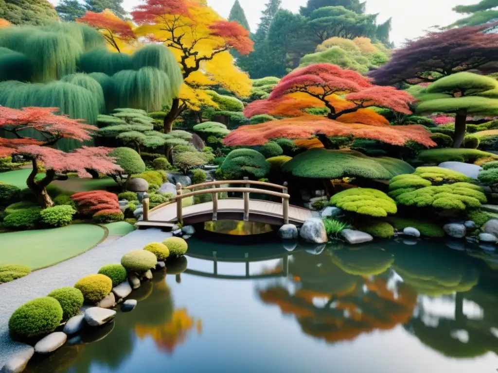 Jardín japonés con bonsáis, estanque de kois y puente de madera, reflejando la belleza del otoño