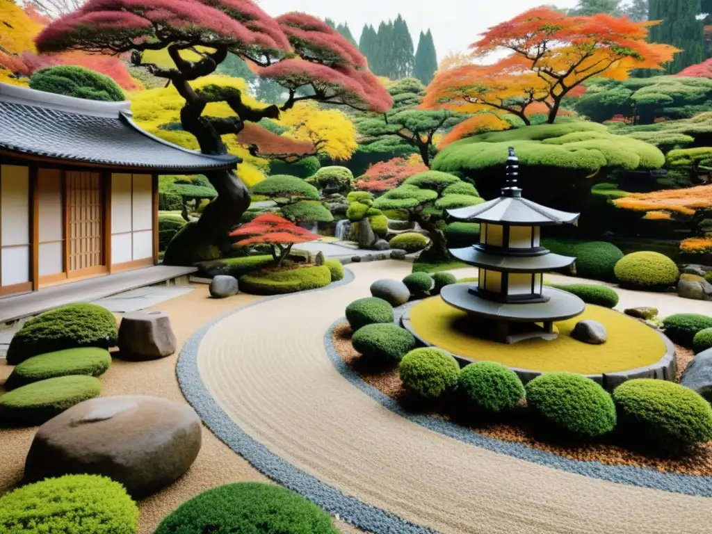 Jardín japonés con bonsáis, linterna de piedra y casa de té, rodeado de cascada y follaje otoñal