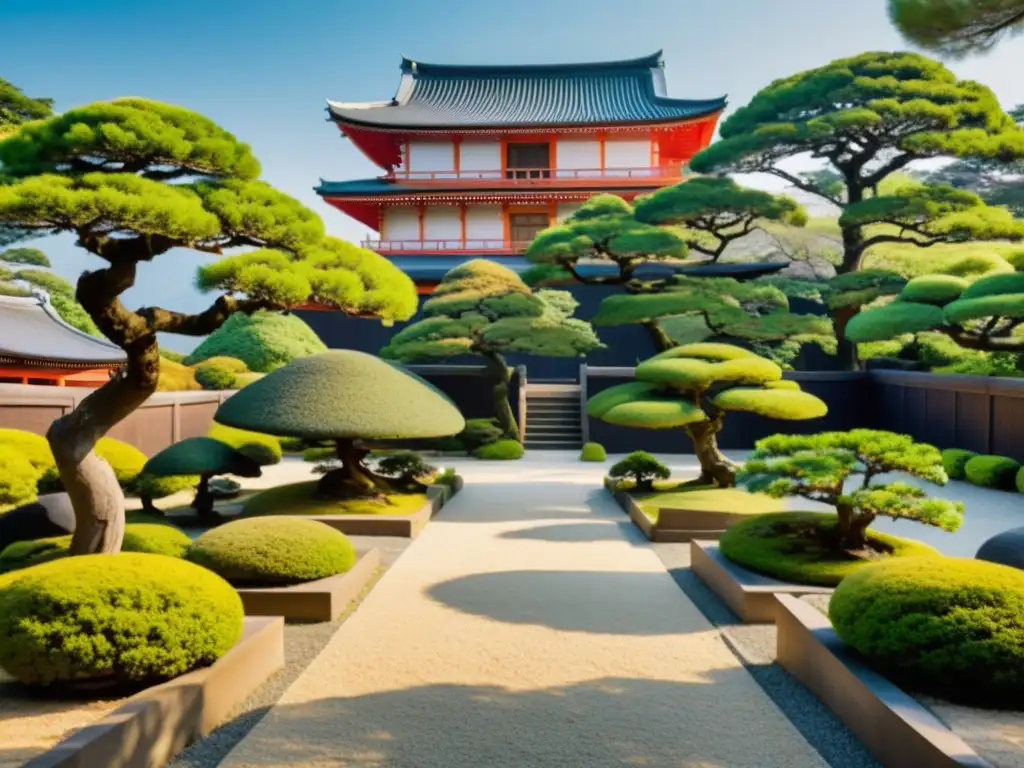 Un jardín japonés con bonsáis cuidadosamente podados rodea un castillo samurái, reflejando la armonía del Arte del Bonsái samurái