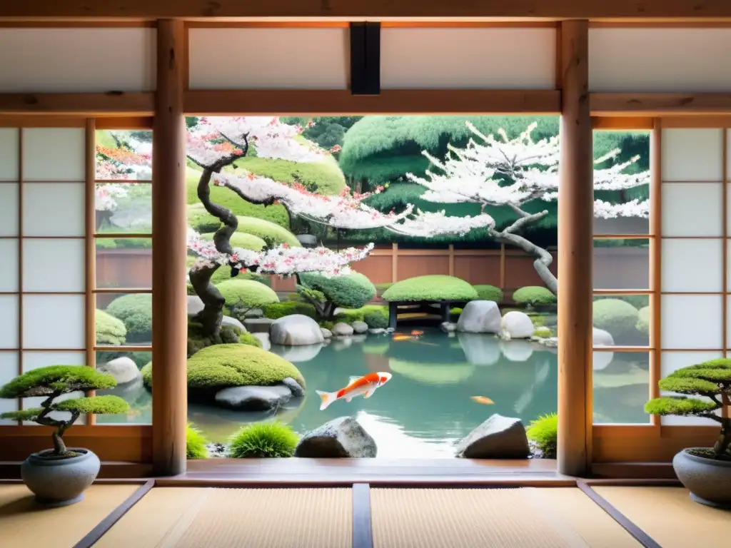 Un jardín japonés con bonsáis, sakuras, un estanque de koi y un torii de madera, evocando historias de samuráis en jardines japoneses