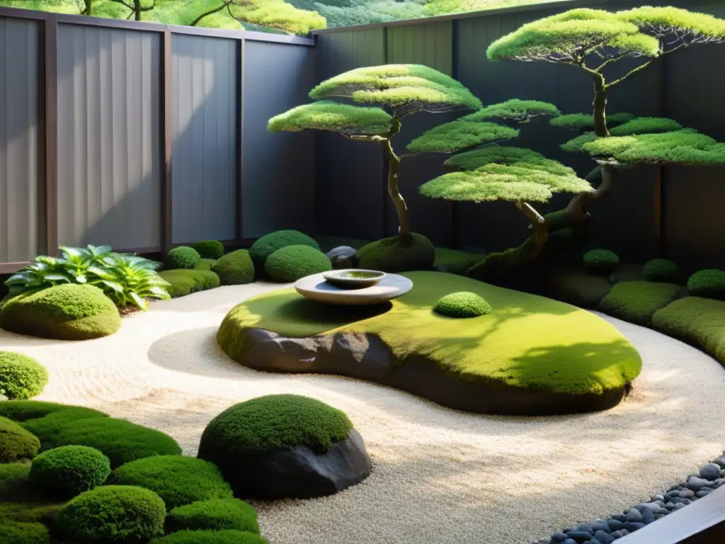 Un jardín zen japonés con bonsáis, musgo y un samurái en meditación, fusionando el Budismo Zen en la cultura samurái