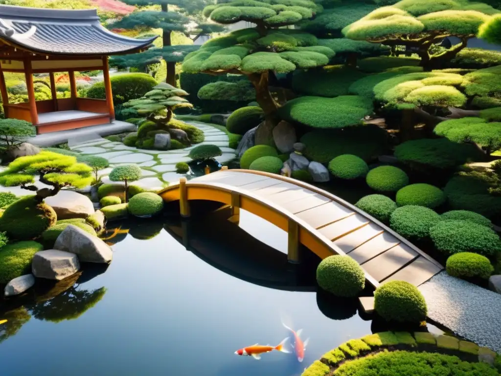 Un jardín japonés meticulosamente cuidado con árboles bonsái, un puente de madera sobre un estanque de peces koi y una pagoda reflejada en el agua