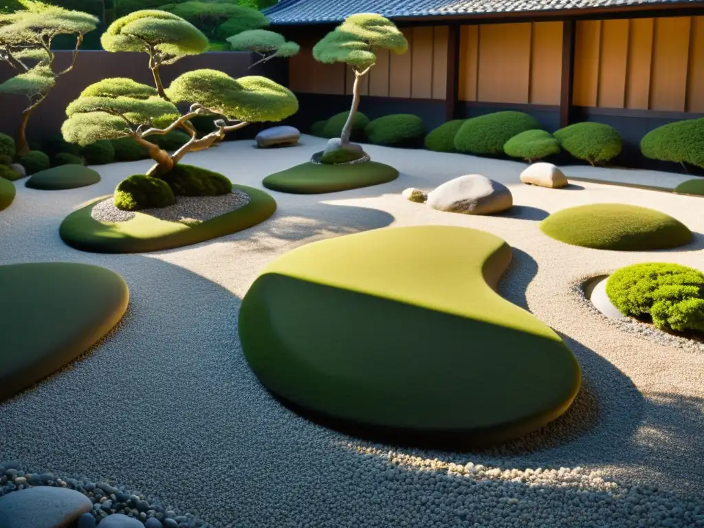 Un jardín japonés meticulosamente cuidado en un entorno urbano, con patrones de rocas y gravilla que crean armonía y equilibrio